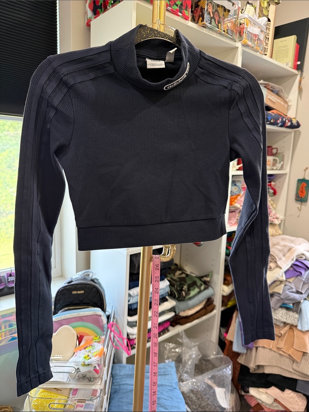 adidas Navy Ribbed Cropped Mock Neck Top xs - Picture 2 of 5